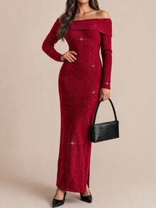 Amorya Women's Off-Shoulder Long Sleeve Sweater Dress Going Out Burgundy Red Autumn Sexy - Red - View 9