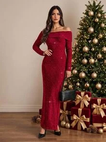 Amorya Women's Off-Shoulder Long Sleeve Sweater Dress Going Out Burgundy Red Autumn Sexy - Red - View 1