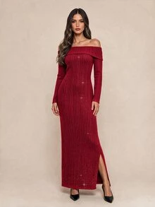 Amorya Women's Off-Shoulder Long Sleeve Sweater Dress Going Out Burgundy Red Autumn Sexy - Red - View 6