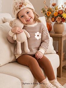 Baby Girl Casual Minimalist Floral Pattern Striped Autumn Winter Sweatshirt And Sweatpants Set - Multicolor - View 1
