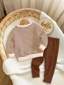 Baby Girl Casual Minimalist Floral Pattern Striped Autumn Winter Sweatshirt And Sweatpants Set - Multicolor - View 2