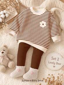 Baby Girl Casual Minimalist Floral Pattern Striped Autumn Winter Sweatshirt And Sweatpants Set - Multicolor - View 7