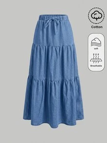 SHEIN Girlism 青少年女孩腰部綁帶休閒牛仔分層裙 - 藍色 - 查看 3