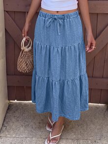 SHEIN Girlism 青少年女孩腰部綁帶休閒牛仔分層裙 - 藍色 - 查看 5