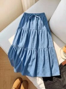 SHEIN Girlism 青少年女孩腰部綁帶休閒牛仔分層裙 - 藍色 - 查看 1
