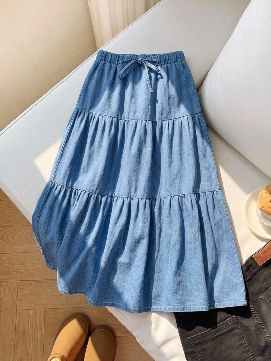 SHEIN Girlism 青少年女孩腰部綁帶休閒牛仔分層裙 - 藍色 - 查看 1