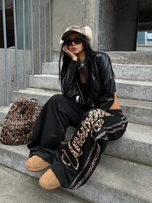 Coolane Women's Fall/Winter Streetwear Casual Casual Sport Going Out Vintage Daily Wear Graphics Leopard Banded Texture Decoration Black Wide Leg Sweatpants - Black - View 2