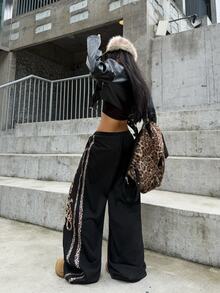 Coolane Women's Fall/Winter Streetwear Casual Casual Sport Going Out Vintage Daily Wear Graphics Leopard Banded Texture Decoration Black Wide Leg Sweatpants - Black - View 7