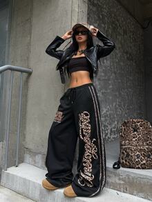 Coolane Women's Fall/Winter Streetwear Casual Casual Sport Going Out Vintage Daily Wear Graphics Leopard Banded Texture Decoration Black Wide Leg Sweatpants - Black - View 4