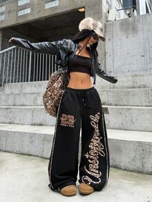 Coolane Women's Fall/Winter Streetwear Casual Casual Sport Going Out Vintage Daily Wear Graphics Leopard Banded Texture Decoration Black Wide Leg Sweatpants - Black - View 6