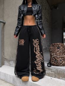 Coolane Women's Fall/Winter Streetwear Casual Casual Sport Going Out Vintage Daily Wear Graphics Leopard Banded Texture Decoration Black Wide Leg Sweatpants - Black - View 1