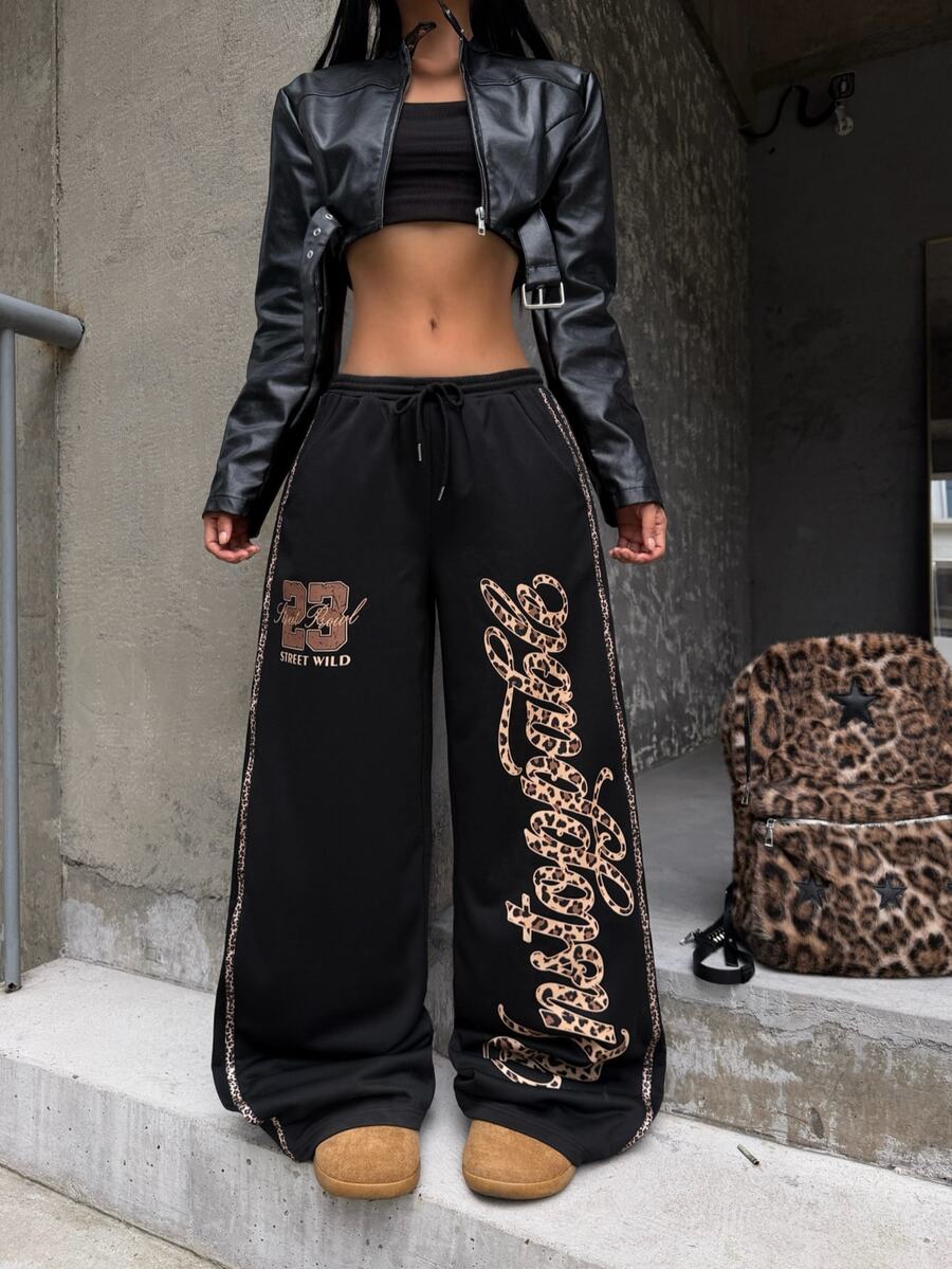 Coolane Women's Fall/Winter Streetwear Casual Casual Sport Going Out Vintage Daily Wear Graphics Leopard Banded Texture Decoration Black Wide Leg Sweatpants - Black - View 1