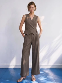 Airaco Women's Solid Color Vest & Casual Long Pants Set, Traceable Cotton - Grey - View 7