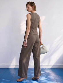 Airaco Women's Solid Color Vest & Casual Long Pants Set, Traceable Cotton - Grey - View 4