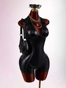 Amplova Women's Solid Color PU Leather Casual Daily Wear Romper - Black - View 5