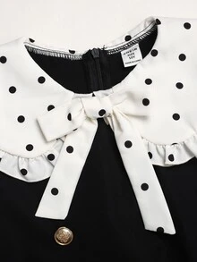 SHEIN Serisse Kids 兒童青少年女孩對比領條紋花卉印花長袖中長洋裝 - 黑與白 - 查看 6