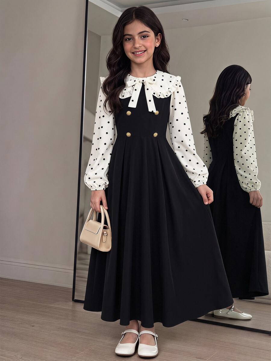 SHEIN Serisse Kids Kids Tween Girls Contrast Collar Striped Flower Print Long Sleeve Mid-Length Dress - Black and White - View 1