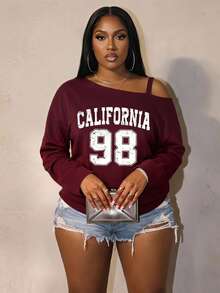 Slaydiva Casual Minimalist 98 Number Print Pattern Long Sleeve Crew Neck Plus Size Women One Shoulder Strap T-Shirt Suitable For Spring And Autumn Burgundy - Burgundy - View 6