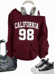 Slaydiva Casual Minimalist 98 Number Print Pattern Long Sleeve Crew Neck Plus Size Women One Shoulder Strap T-Shirt Suitable For Spring And Autumn Burgundy - Burgundy - View 1