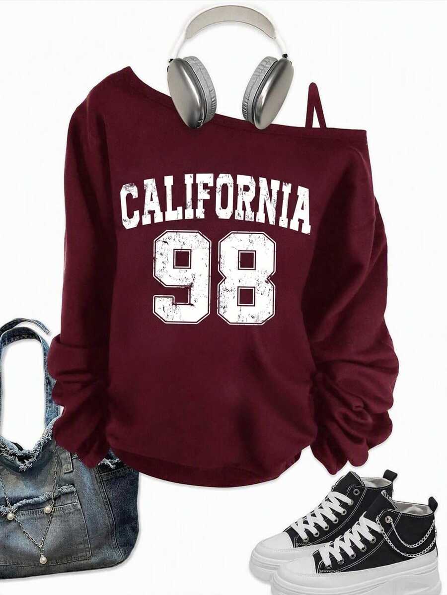 Slaydiva Casual Minimalist 98 Number Print Pattern Long Sleeve Crew Neck Plus Size Women One Shoulder Strap T-Shirt Suitable For Spring And Autumn Burgundy - Burgundy - View 1