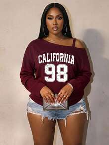 Slaydiva Casual Minimalist 98 Number Print Pattern Long Sleeve Crew Neck Plus Size Women One Shoulder Strap T-Shirt Suitable For Spring And Autumn Burgundy - Burgundy - View 7