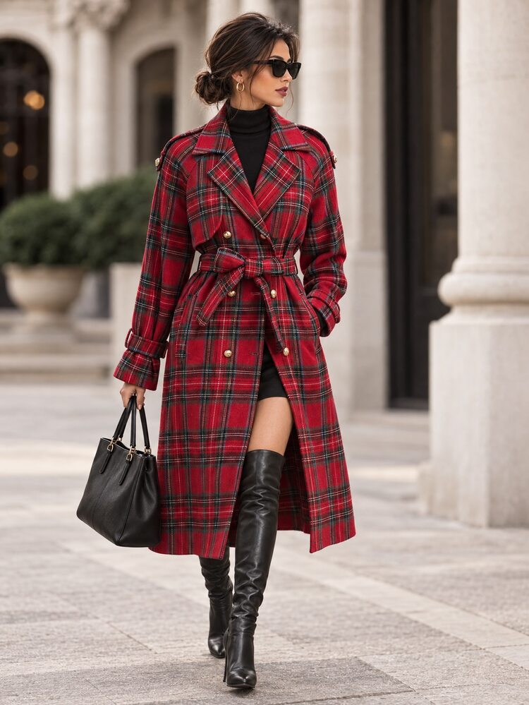Editum Women's Plaid Casual Elegant Versatile Everyday Travel Trench Coat Red And Black Autumn - Red - View 4