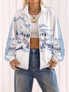 SHEIN EZwear 休閒極簡主義秋季新款雪景印花肩部條紋拼色女款開襟輕便夾克，適合日常通勤、約會、聚會、秋冬/夏季、派對、婚禮、海灘、畢業典禮、優雅休閒，適合外出、Y2K風格、音樂節等場合 - 彩色 - 查看 4