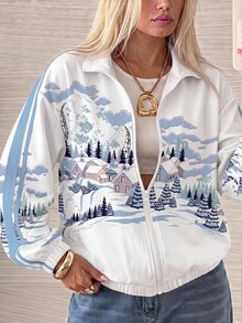 SHEIN EZwear 休閒極簡主義秋季新款雪景印花肩部條紋拼色女款開襟輕便夾克，適合日常通勤、約會、聚會、秋冬/夏季、派對、婚禮、海灘、畢業典禮、優雅休閒，適合外出、Y2K風格、音樂節等場合 - 彩色 - 查看 6