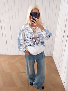 SHEIN EZwear 休閒極簡主義秋季新款雪景印花肩部條紋拼色女款開襟輕便夾克，適合日常通勤、約會、聚會、秋冬/夏季、派對、婚禮、海灘、畢業典禮、優雅休閒，適合外出、Y2K風格、音樂節等場合 - 彩色 - 查看 3