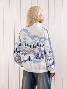 SHEIN EZwear 休閒極簡主義秋季新款雪景印花肩部條紋拼色女款開襟輕便夾克，適合日常通勤、約會、聚會、秋冬/夏季、派對、婚禮、海灘、畢業典禮、優雅休閒，適合外出、Y2K風格、音樂節等場合 - 彩色 - 查看 2