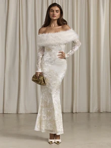 Aloruh Women's Autumn/Winter Off-Shoulder Faux Fur & Velvet Patchwork Maxi Fishtail Dress - White - View 4
