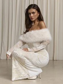 Aloruh Women's Autumn/Winter Off-Shoulder Faux Fur & Velvet Patchwork Maxi Fishtail Dress - White - View 7