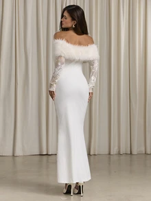 Aloruh Women's Autumn/Winter Off-Shoulder Faux Fur & Velvet Patchwork Maxi Fishtail Dress - White - View 3