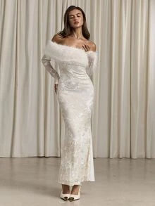 Aloruh Women's Autumn/Winter Off-Shoulder Faux Fur & Velvet Patchwork Maxi Fishtail Dress - White - View 5