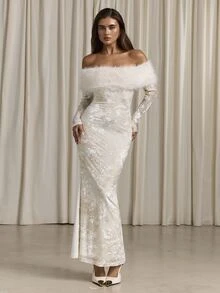 Aloruh Women's Autumn/Winter Off-Shoulder Faux Fur & Velvet Patchwork Maxi Fishtail Dress - White - View 8