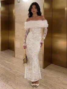 Aloruh Women's Autumn/Winter Off-Shoulder Faux Fur & Velvet Patchwork Maxi Fishtail Dress - White - View 2