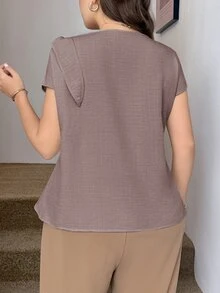 Easowa Curve Plus Size Casual Business Pleated Tie-Front Shirt - Camel - View 6