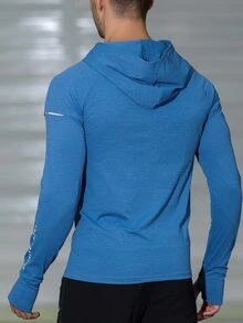 Coreblaze Men's Blue White Stripe Summer Athleisure Gym Letter Print Raglan Long Sleeve Workout Sweatshirts Lightweight Sweat-Wicking 4-Way Stretch Hooded Top - Blue - View 2