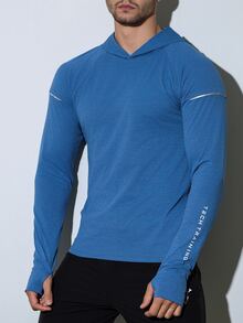 Coreblaze Men's Blue White Stripe Summer Athleisure Gym Letter Print Raglan Long Sleeve Workout Sweatshirts Lightweight Sweat-Wicking 4-Way Stretch Hooded Top - Blue - View 4