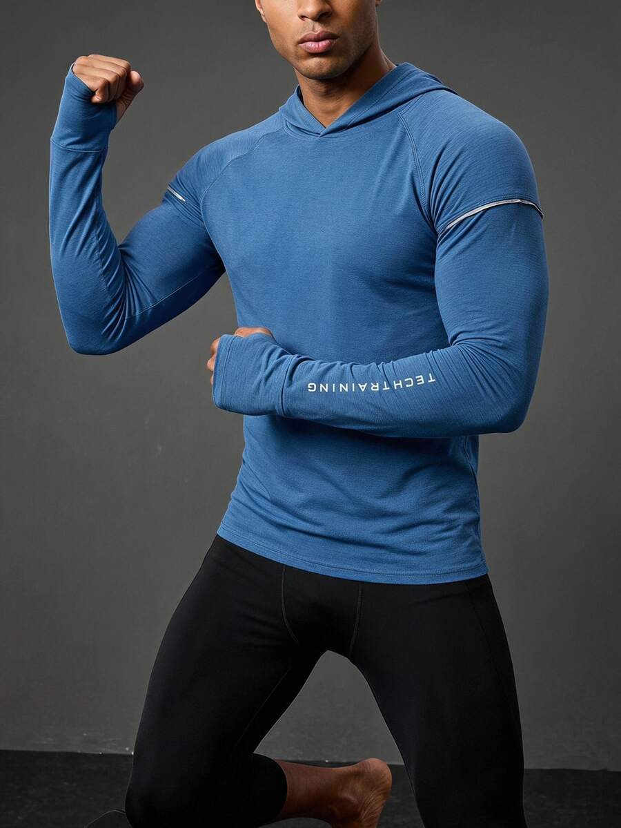Coreblaze Men's Blue White Stripe Summer Athleisure Gym Letter Print Raglan Long Sleeve Workout Sweatshirts Lightweight Sweat-Wicking 4-Way Stretch Hooded Top - Blue - View 1