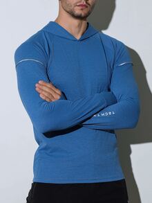 Coreblaze Men's Blue White Stripe Summer Athleisure Gym Letter Print Raglan Long Sleeve Workout Sweatshirts Lightweight Sweat-Wicking 4-Way Stretch Hooded Top - Blue - View 5