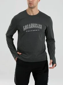 Coreblaze Men's Letter Print Long Sleeve Sports T-Shirt - Dark Grey - View 6
