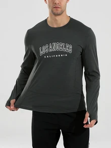 Coreblaze Men's Letter Print Long Sleeve Sports T-Shirt - Dark Grey - View 4
