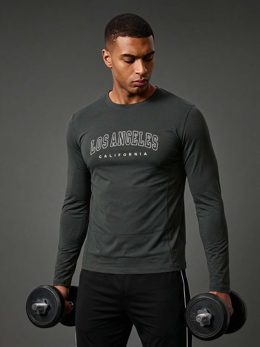 Coreblaze Men's Letter Print Long Sleeve Sports T-Shirt - Dark Grey - View 1