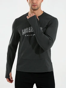 Coreblaze Men's Letter Print Long Sleeve Sports T-Shirt - Dark Grey - View 3