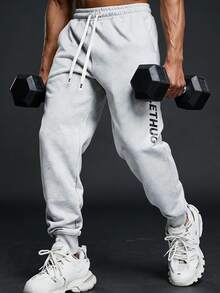 Coreblaze Men's Letter Print Drawstring Waist Slant Pocket Jogger Pants - Grey - View 1