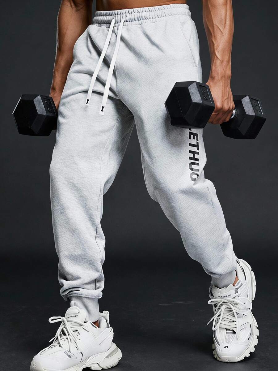 Coreblaze Men's Letter Print Drawstring Waist Slant Pocket Jogger Pants - Grey - View 1