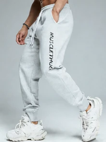 Coreblaze Men's Letter Print Drawstring Waist Slant Pocket Jogger Pants - Grey - View 3