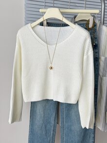 SHEIN Kids Tween Girl Brown Autumn Winter Casual School Back-To-School Knitted Pullover Winter Sweater,Ribbed Tie - Apricot - View 6