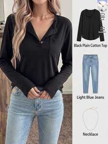 Easowa Pure Black Solid Color Cotton Button Front Long Sleeve T-Shirt Women's Top, Everyday Home Autumn Casual - Black - View 6
